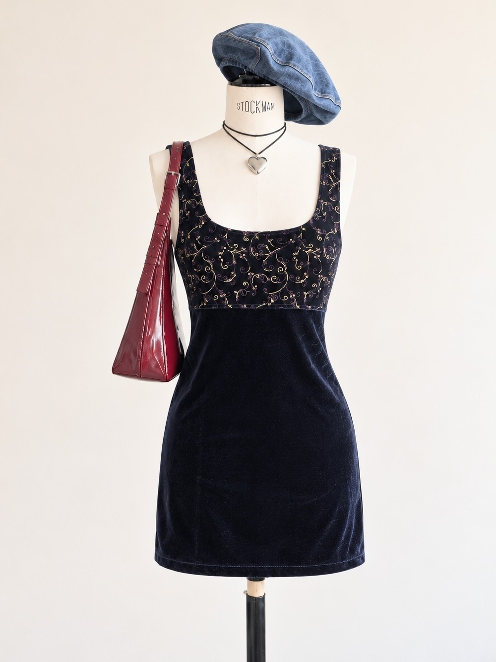 Embroidered Navy Velvet Mini Dress with Square Neck